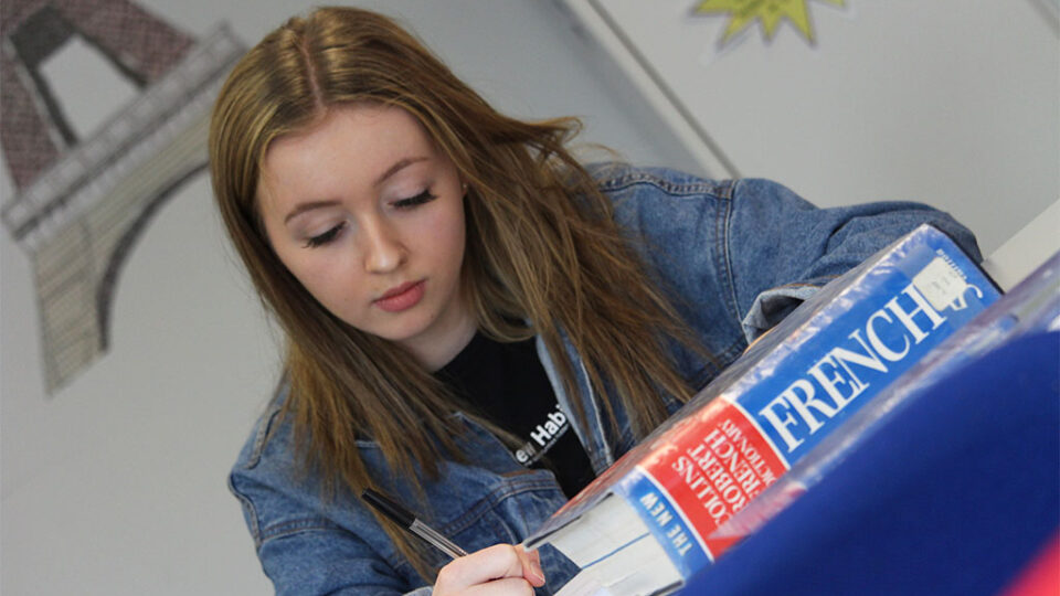 Photograph of a student studying French