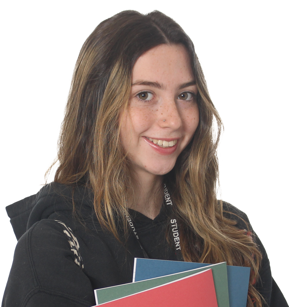 Photograph of a female student holding sine exercise books